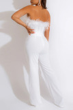 White Sexy Solid Patchwork Feathers Strapless Straight Jumpsuits