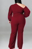 Red Casual Solid Bandage Patchwork Oblique Collar Plus Size Jumpsuits
