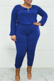 Colorful Blue Fashion Casual Solid Patchwork O Neck Plus Size Jumpsuits