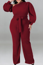 Red Casual Solid Bandage Patchwork Oblique Collar Plus Size Jumpsuits