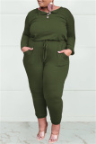 Army Green Fashion Casual Solid Patchwork O Neck Plus Size Jumpsuits
