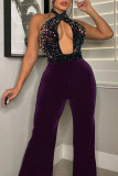 Blue Fashion Sexy Patchwork Sequins Sequined Halter Skinny Jumpsuits