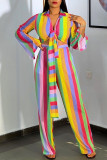 Multicolor Fashion Casual Striped Print Bandage Patchwork Turndown Collar Long Sleeve Two Pieces