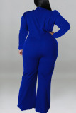 Blue Casual Solid Patchwork With Bow O Neck Plus Size Jumpsuits
