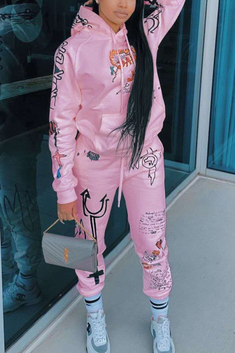 Pink Street Print Hooded Collar Long Sleeve Regular Sleeve Two Pieces