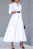 White Casual Solid Patchwork Buckle Turndown Collar Dresses(Without Belt)