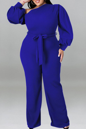 Blue Casual Solid Bandage Patchwork Oblique Collar Plus Size Jumpsuits