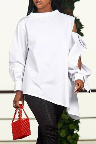 White Casual Solid Hollowed Out Patchwork Buttons Slit Asymmetrical O Neck Tops