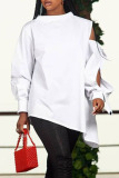White Casual Solid Hollowed Out Patchwork Buttons Slit Asymmetrical O Neck Tops