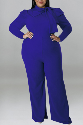 Blue Casual Solid Patchwork With Bow O Neck Plus Size Jumpsuits