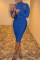 Navy Blue Casual Cap Sleeve Long Sleeves Turtleneck Step Skirt Knee-Length hollow out Solid