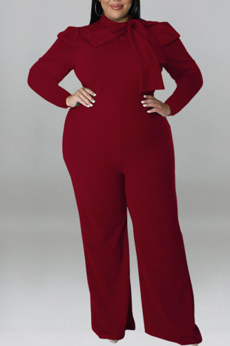 Red Casual Solid Patchwork With Bow O Neck Plus Size Jumpsuits