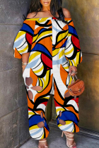 Orange Plus Size Sexy Street Print Hollowed Out Cut Out Off the Shoulder Plus Size Jumpsuits