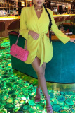 Yellow Fashion Casual Solid Bandage Patchwork V Neck Long Sleeve Dresses