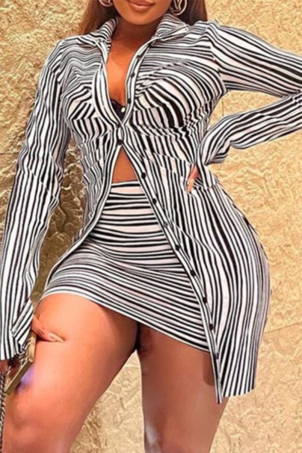 Black White Fashion Casual Striped Print Patchwork Turndown Collar Long Sleeve Two Pieces