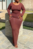 Brown Plus Size Sexy Solid O Neck Dresses