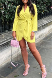Yellow Fashion Casual Solid Bandage Patchwork V Neck Long Sleeve Dresses
