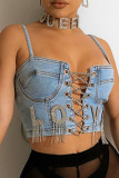 Blue Sexy Street Solid Hollowed Out Patchwork Metal Accessories Decoration Chains Asymmetrical Spaghetti Strap Tops