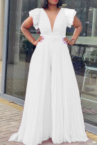 White Casual Elegant Solid Patchwork Fold V Neck Straight Jumpsuits
