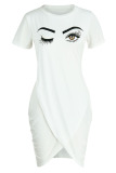White Casual Print Patchwork Asymmetrical O Neck One Step Skirt Dresses