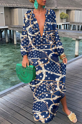 Deep Blue Fashion Sexy Print Patchwork V Neck Straight Dresses