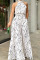 White Casual Print Patchwork Half A Turtleneck Straight Jumpsuits