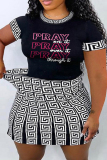 Letter Print Fashion Casual Letter Print Patchwork O Neck Plus Size Two Pieces