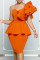 Orange Fashion Sexy Formal Solid Patchwork Backless Oblique Collar Evening Dress