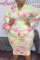 Pink Green Casual Print Patchwork Zipper Collar One Step Skirt Plus Size Dresses