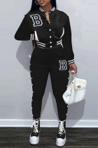 Black Casual Print Patchwork Mandarin Collar Nine Points Sleeve Two Pieces