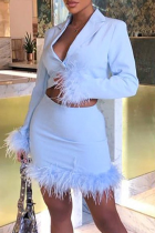 Blue Fashion Solid Tassel Turndown Collar Long Sleeve Two Pieces