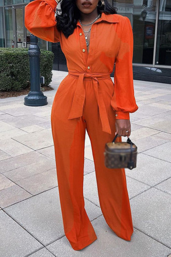 Tangerine Red Casual Solid Patchwork Buckle Turndown Collar Long Sleeve Two Pieces