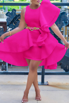 Rose Red Fashion Formal Solid Patchwork Asymmetrical O Neck Evening Dress