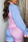 Pink Fashion Casual Striped Print Patchwork Turndown Collar Long Sleeve Two Pieces