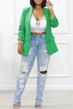 Green Fashion Casual Solid Patchwork Cardigan Turn-back Collar Outerwear
