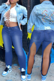 Light Blue Fashion Casual Solid Slit High Waist Regular Denim Jeans
