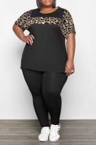 Black Casual Leopard Patchwork O Neck Short Sleeve Two Pieces