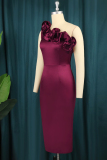 Burgundy Fashion Sexy Formal Solid Patchwork Backless Oblique Collar Evening Dress