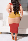 Red Yellow Fashion Casual Patchwork O Neck Long Sleeve Plus Size Dresses