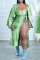 Green Sexy Print Bandage Patchwork Slit Turn-back Collar Long Sleeve Two Pieces