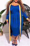 Blue Fashion Casual Solid Patchwork O Neck Plus Size Two Pieces