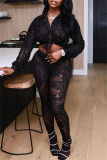 Black Fashion Sexy Patchwork Solid See-through Turndown Collar Long Sleeve Two Pieces