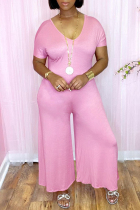 Pink Fashion Casual Solid Patchwork V Neck Regular Jumpsuits