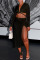Black Sexy Solid Bandage Patchwork Slit V Neck Long Sleeve Two Pieces