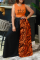 Tangerine Red Fashion Print Patchwork O Neck Sleeveless Two Pieces