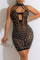 Black Sexy Patchwork Hot Drilling Hollowed Out See-through Backless Halter Sleeveless Dress