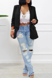 Black Fashion Casual Solid Patchwork Cardigan Turn-back Collar Outerwear