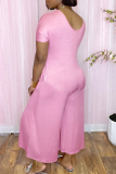 Pink Fashion Casual Solid Patchwork V Neck Regular Jumpsuits