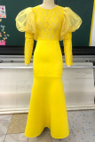 Yellow Fashion Formal Solid Patchwork See-through O Neck Evening Dress