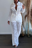 White Fashion Casual Solid Patchwork See-through Turndown Collar Long Sleeve Two Pieces